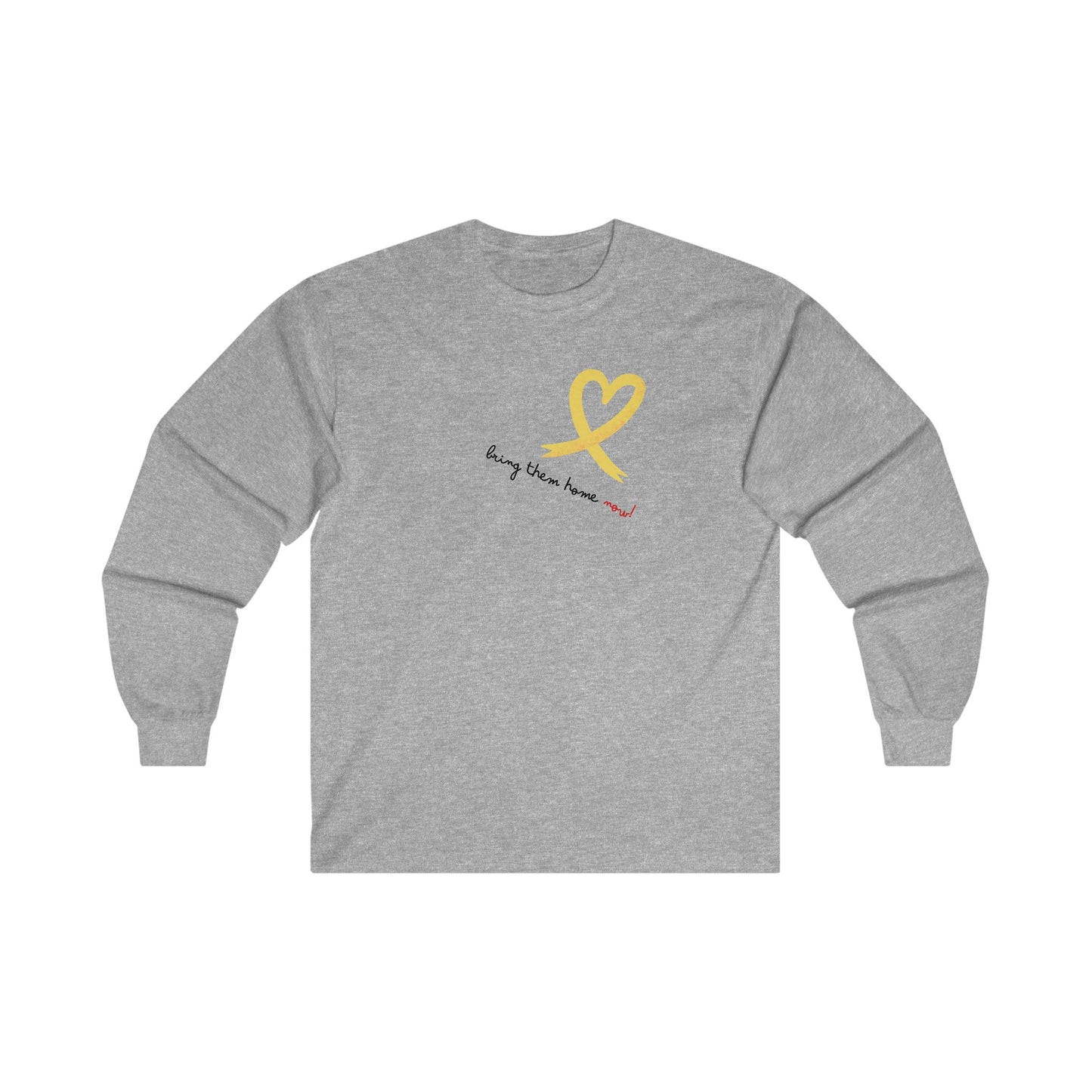 Adult Heart Yellow Ribbon BRING THEM HOME NOW Long Sleeve Tee